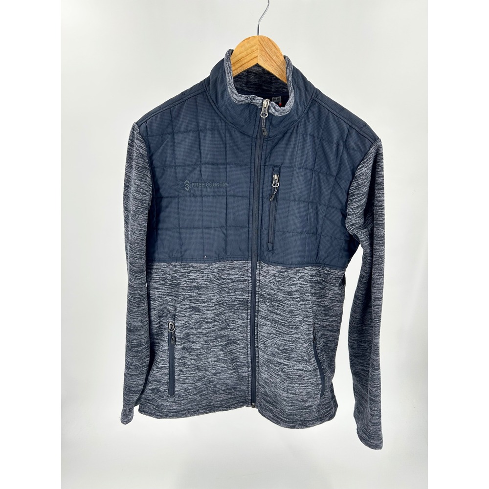 Free Country Mens Hybrid Quilted Knit Full Zip Jacket Grey Navy Blue Small 34/36